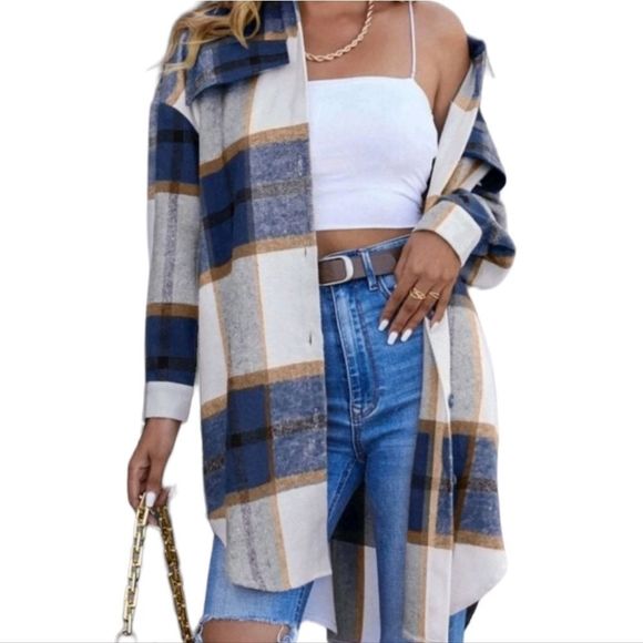 - Jackets & Blazers - Blue Plaid Multi Colored Overcoat